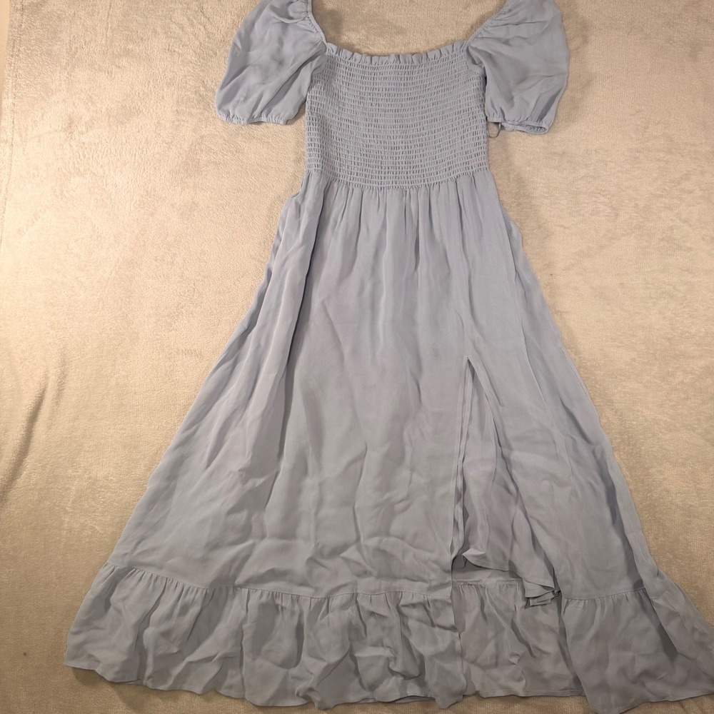 Reformation Light Blue Smocked Puff Sleeve Midi Dress Ruffle Hem Slit‎ Small - Picture 2 of 8